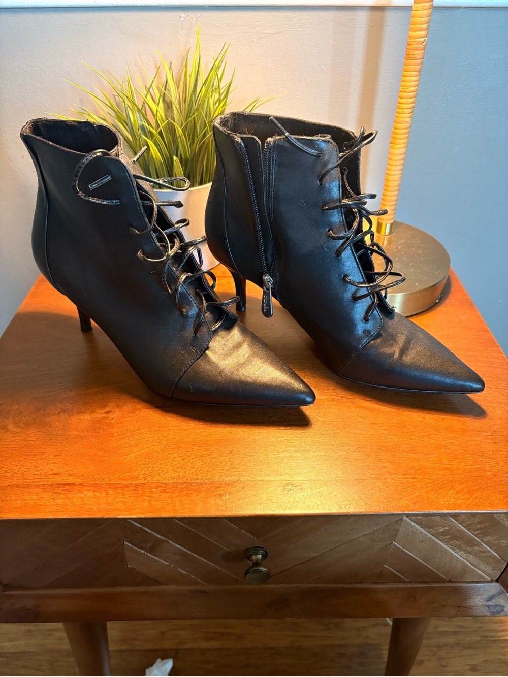Charles David Black Lace-Up Pointed Ankle Booties
